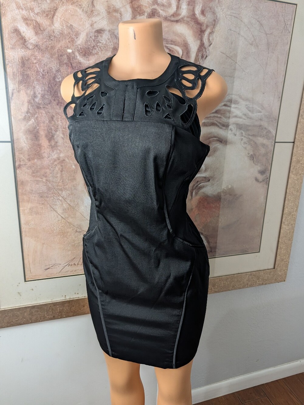 Akira Black Label Black Bodycon Mini Dress Laser Cut Out Detail Size L
